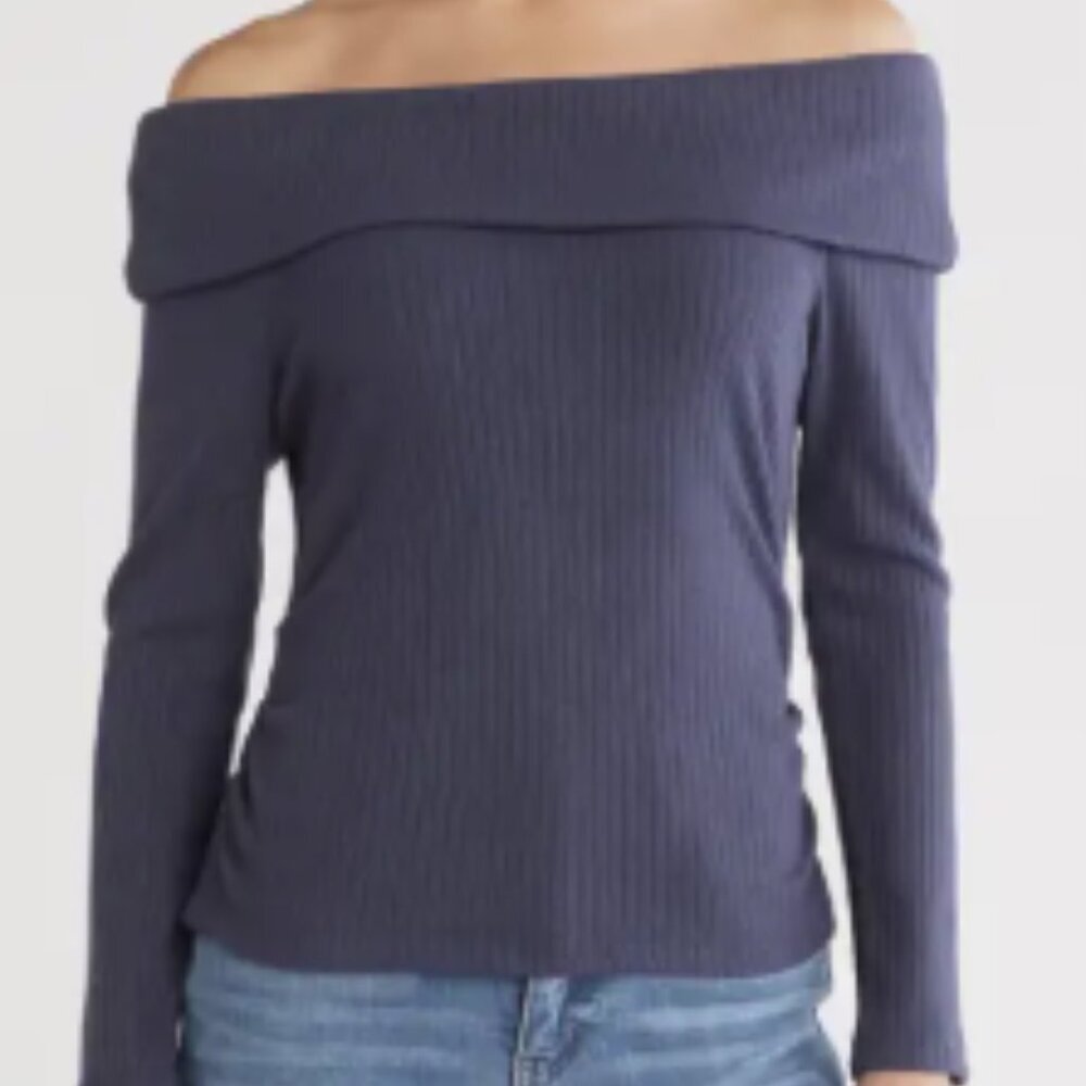 *NWT* Democracy Dusty Blue Ribbed Foldover Bardot Knit Top Size L